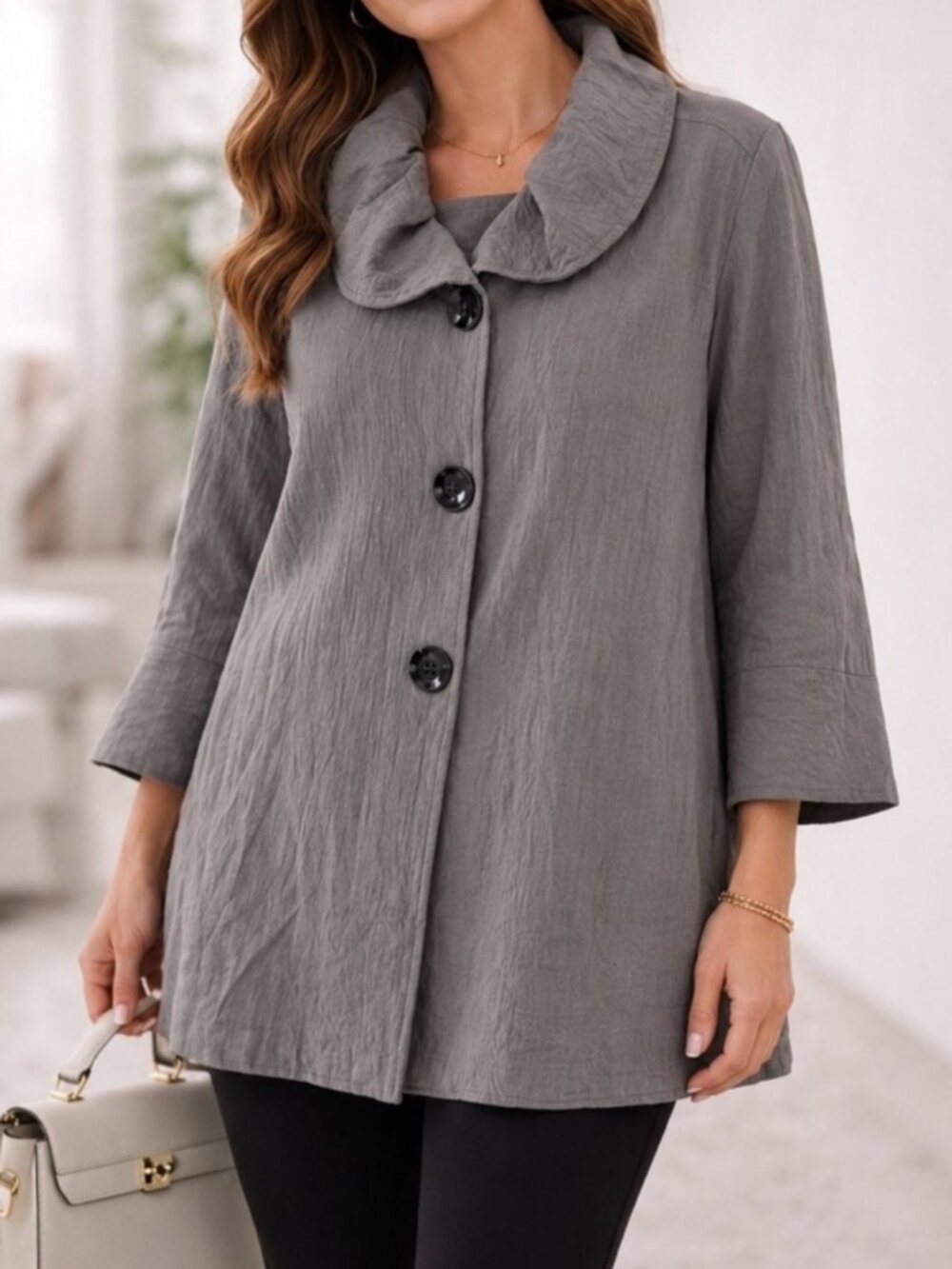 Yushi Taupe Collared Jacket Womens M Made USA 3/4 Sleeve Oversized Tunic Top